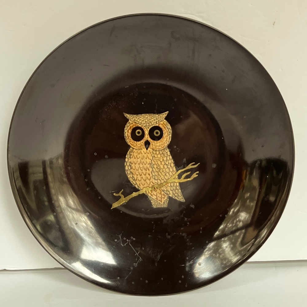 VTG Owl Couroc Bowl Mid-century Modern MCM BLACK Phenolic Gold Boho Decor Retro